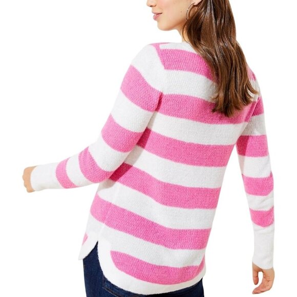 LOFT Pink and White Striped Fuzzy Warm Textured Shirttail Sweater Size Large - Picture 5 of 12